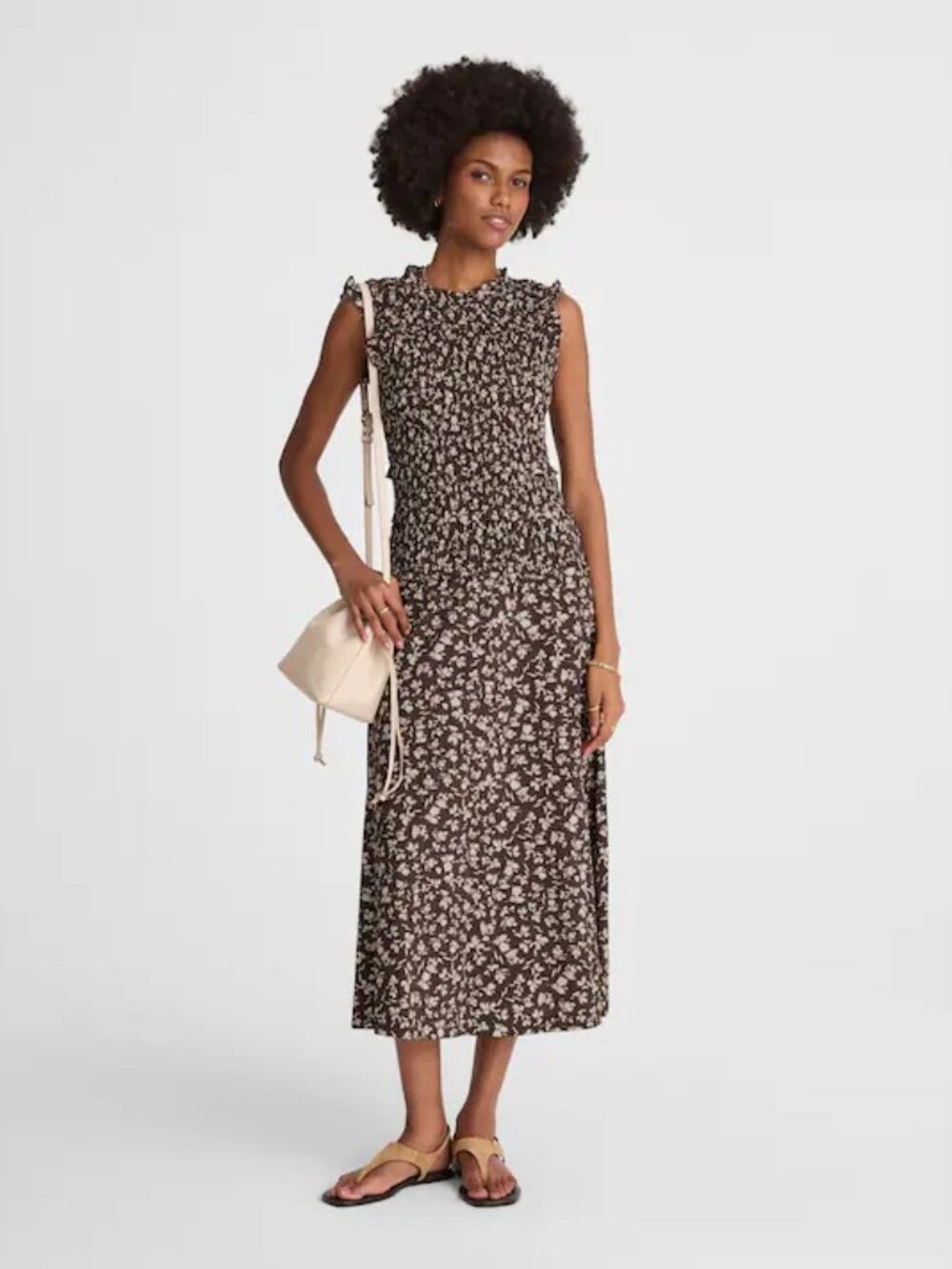 Madewell Smocked Sleeveless Midi Dress Size Large Floral Carissa Print Brown NWT